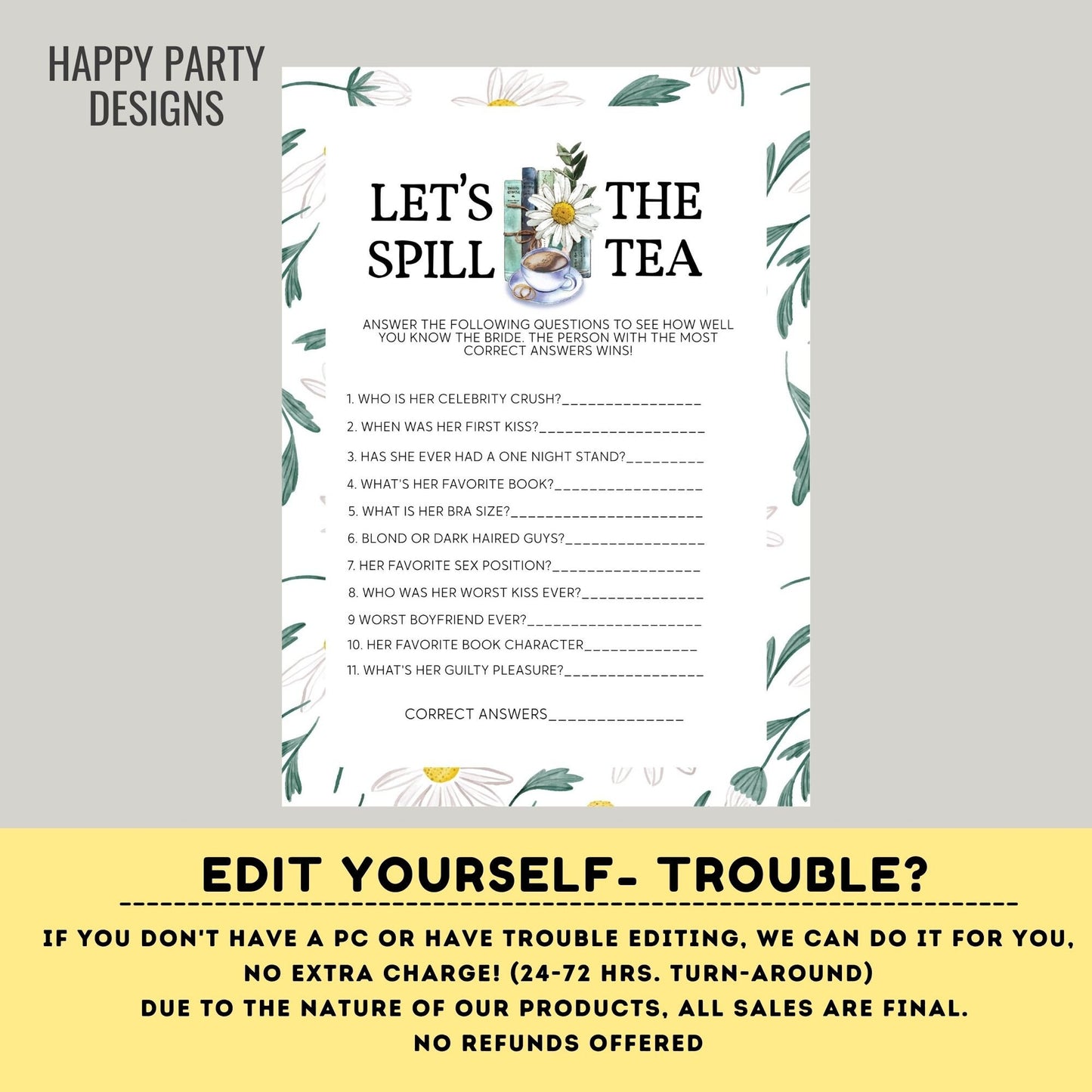 Editable books and coffee game| let's spill the tea | book shower game | bridal shower| latte shower | bridal shower game | bachelorette #W3