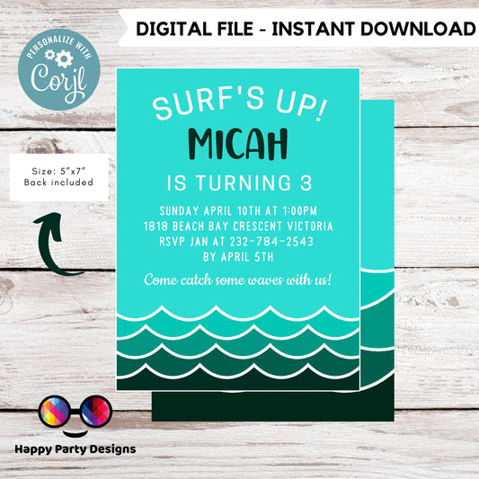 Ocean Invitation | minimalist Ocean Themed Birthday Party Invitation | Editable Ocean Invitation | surfing party | under the sea Evite #K113