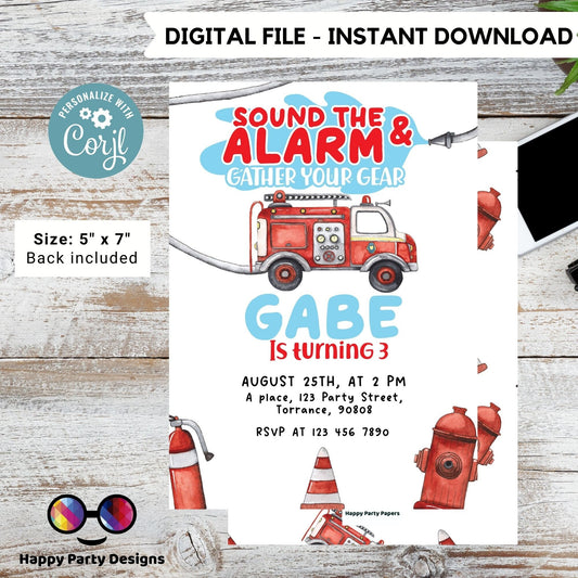 Firetruck Birthday Invitation Party Invite | trucks party | Boy First Firefighter | Monster Truck Fireman Party Invite | Fire Engine #K148