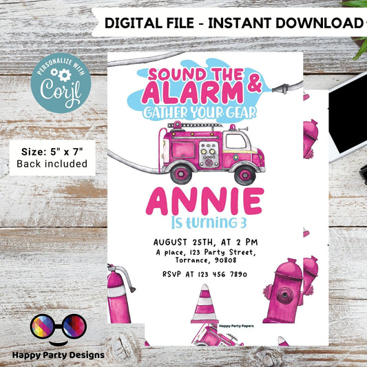 Firetruck Birthday Invitation Party Invite | trucks party | girl First Firefighter | Monster Truck Fireman Party Invite | Fire Engine #K148