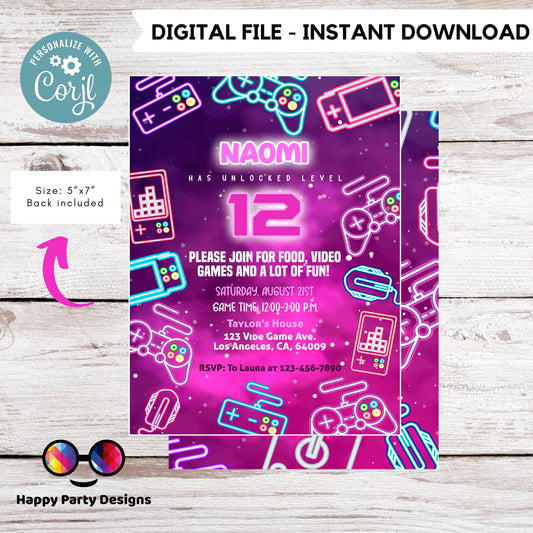 Editable videogame invitation | Digital neon video gamer printable invite | Birthday girl | neon Invitation | Personalize Online #K72