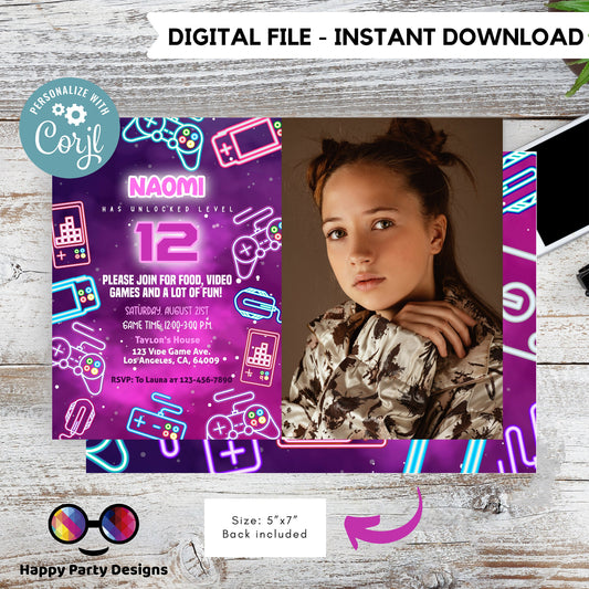 Editable videogame invitation with picture | Digital neon video gamer printable invite | Birthday girl | neon Invitation | girl gamer  #K72