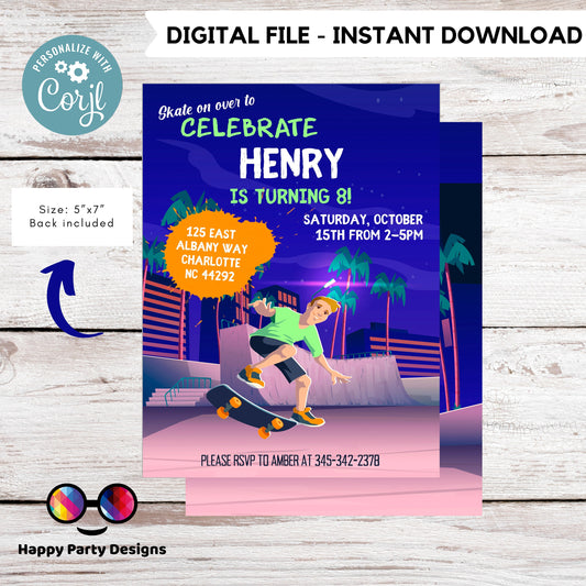 Editable skateboard invitation | Digital skater printable invite | Birthday boy | Graffiti Invitation | neon party Personalize Online #K117