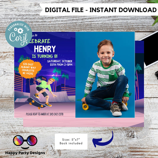 Editable skateboard invitation with picture | Digital skater printable invite | Birthday boy | skate | neon party Personalize Online #K117