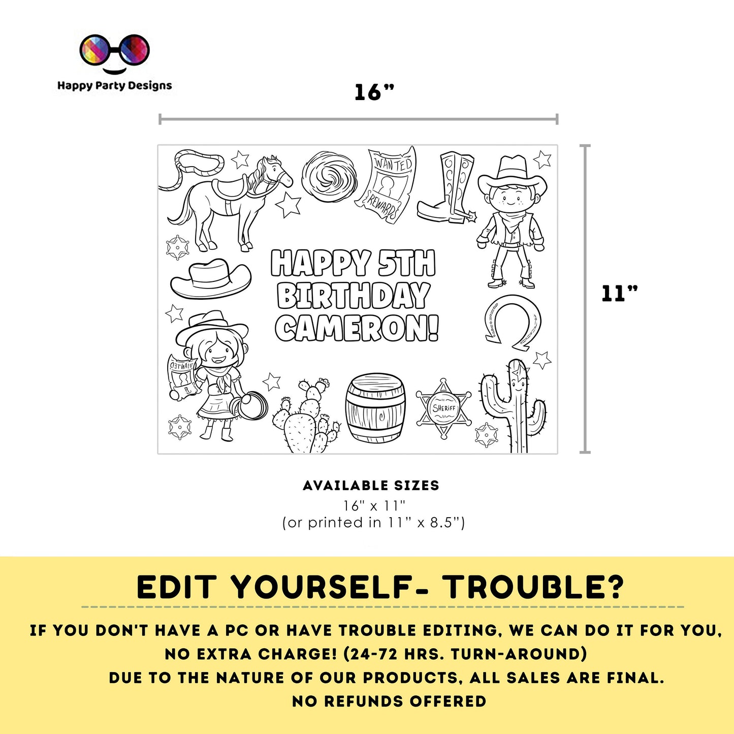 Editable Rodeo Birthday coloring page | Wild West Cowgirl and Cowboy coloring page | Party Southwestern | Ranch Birthday Any Age #K292