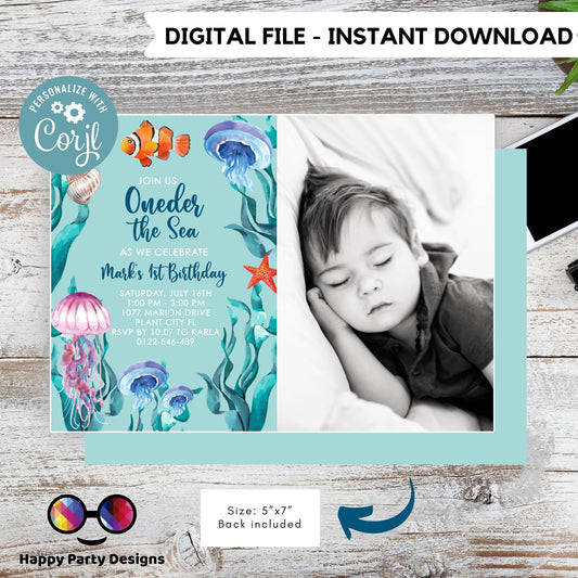 Oneder the sea Invitation with picture | Editable Ocean Invite | under the sea party | under the sea Evite | boy birthday | any age #K149