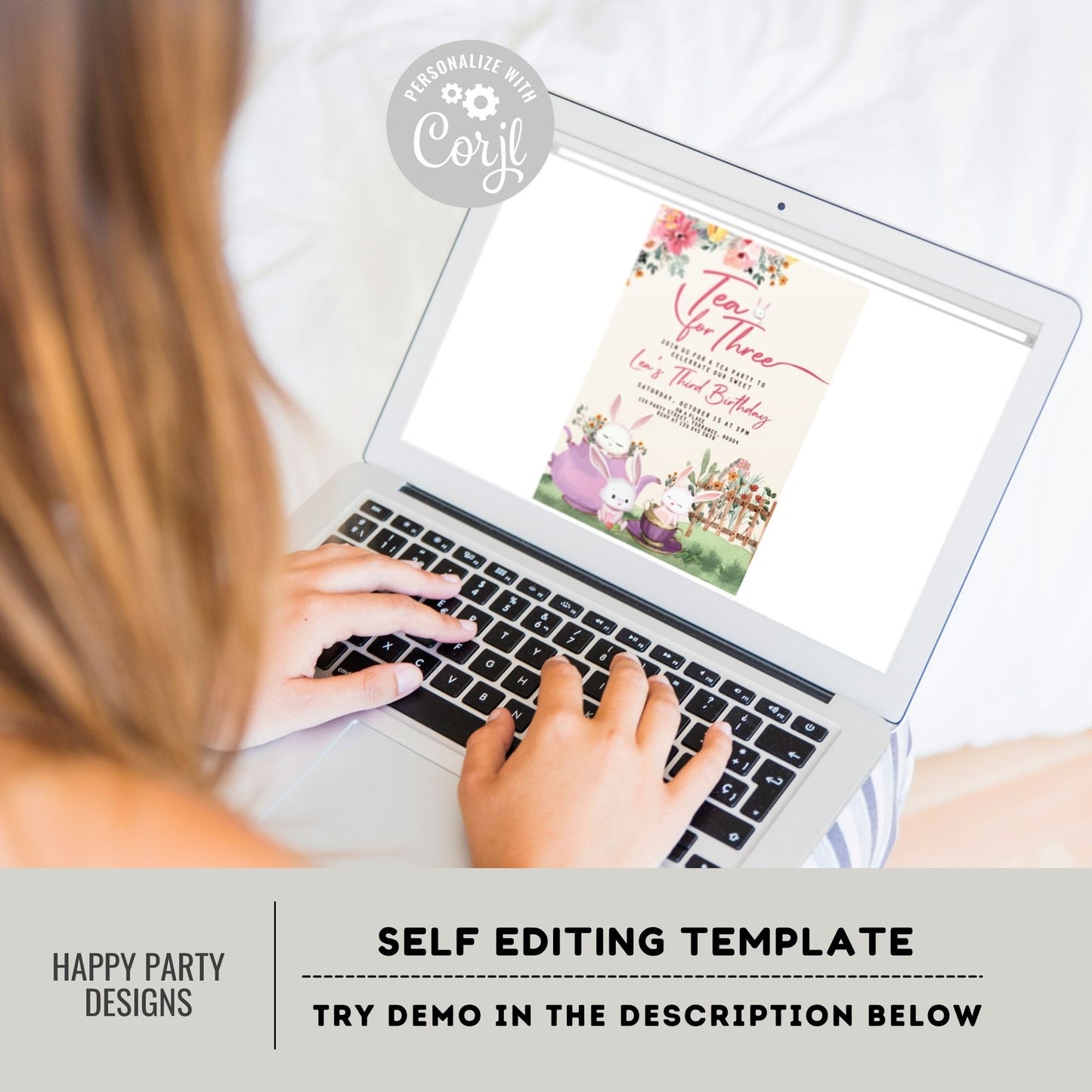 Tea for three Invitation | tea party Invite | 3 year-old Invitation | flowered tea party | 3rd birthday | birthday girl #K120