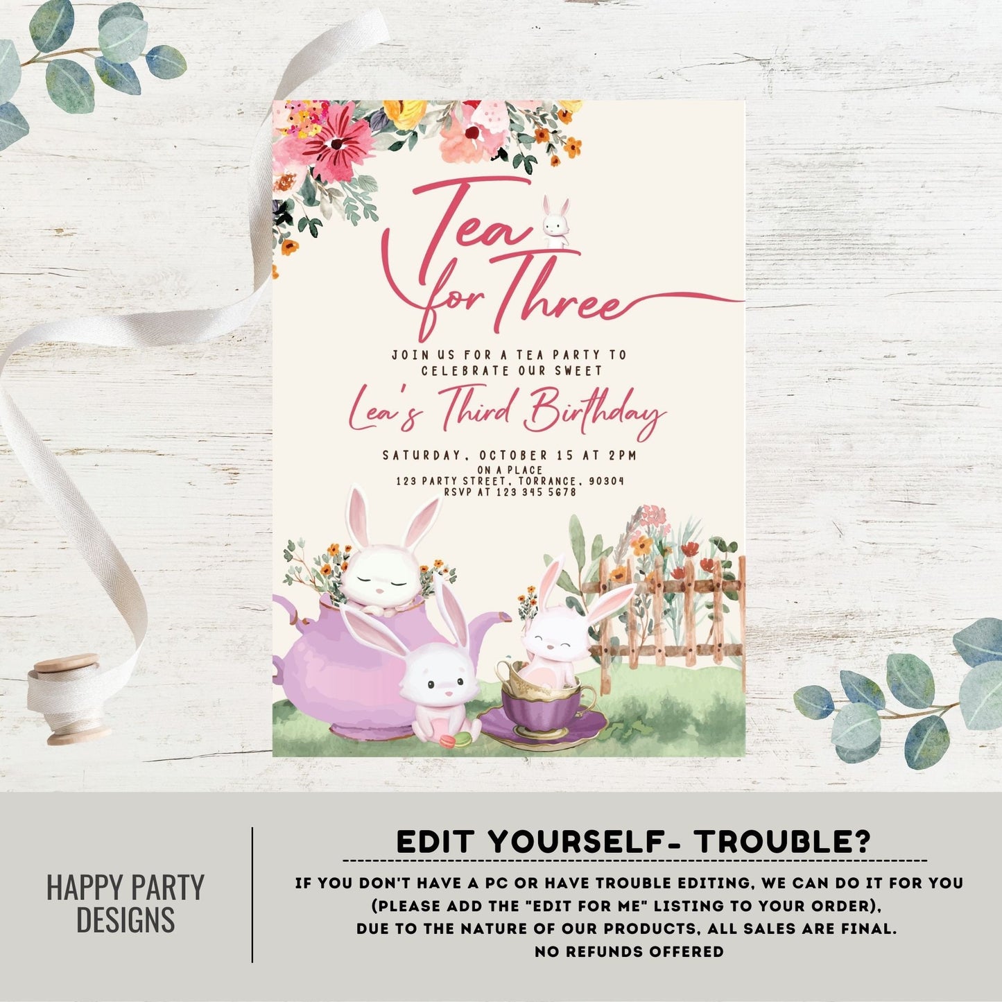 Tea for three Invitation | tea party Invite | 3 year-old Invitation | flowered tea party | 3rd birthday | birthday girl #K120