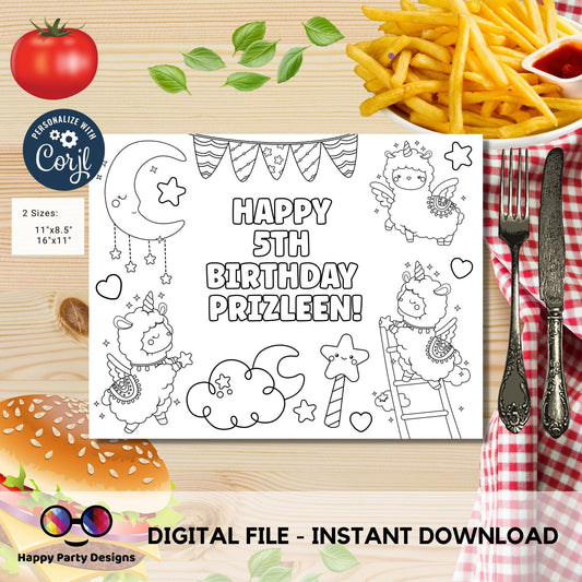 Editable Llama Birthday coloring page | Placemat coloring page | Any Age | Llama birthday party activity | bag filler #K151