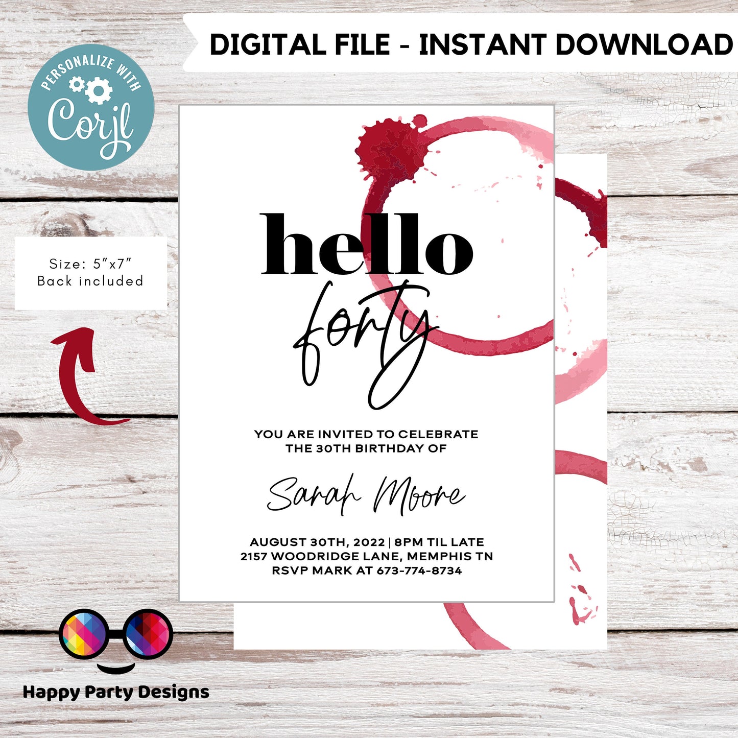 Hello forty red wine invitation | woman birthday | Surprise Birthday Party Invites | PRINTABLE wine party invitation | Invite for Her #A10