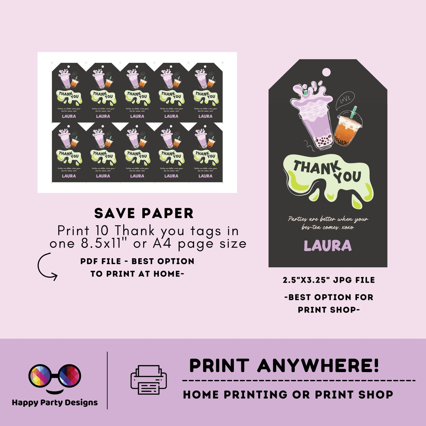 Editable boba tea Thank you tag | Digital tea party printable thank you tag  | Birthday girl | Par-tea Thank You | Personalize Online #K121