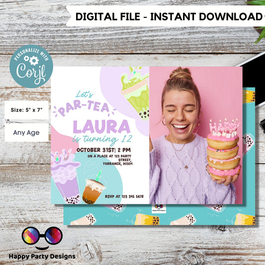 Tea Party birthday Invitation with photo | tea Invite | Boba Tea Party Invitation | Bubble Tea Invite | Par-Tea Invitation  #K121