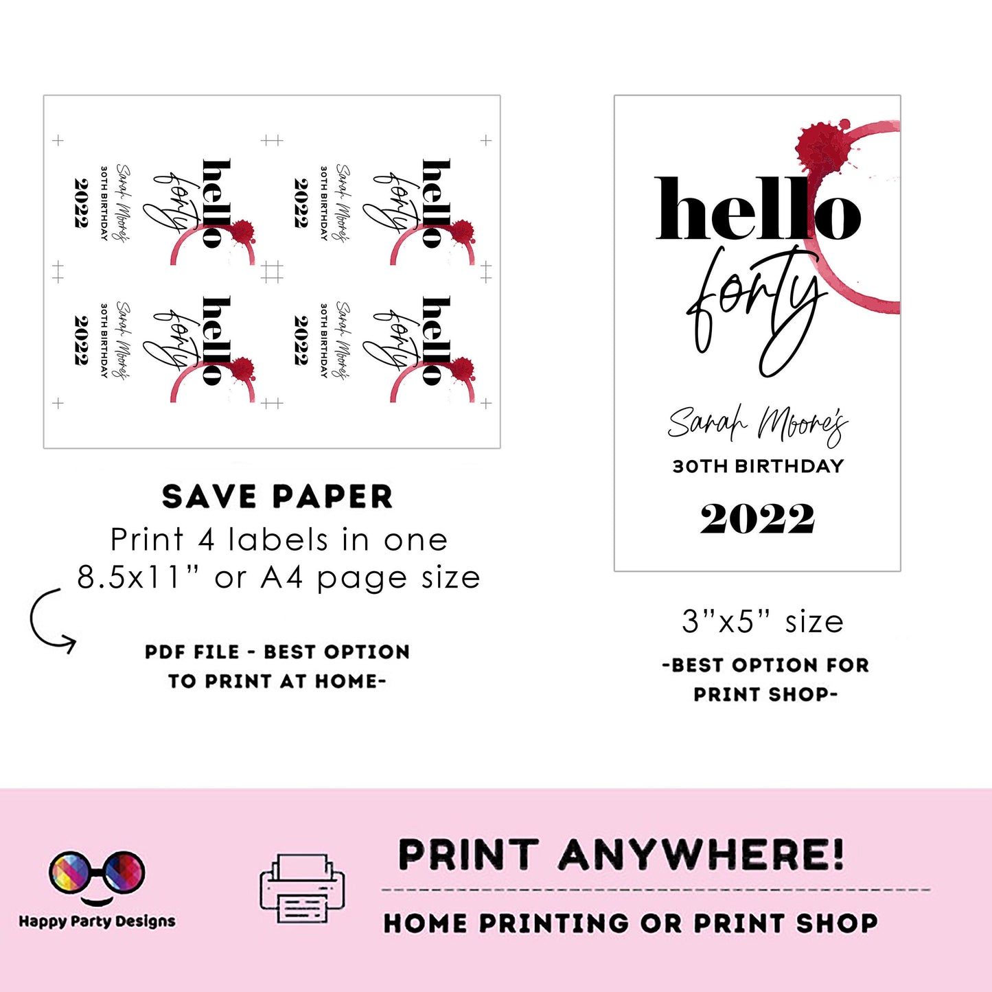 40th Birthday Wine Label | digital labels | printable wine labels | wine party | bottle labels | 30th birthday | Personalized Label #A10