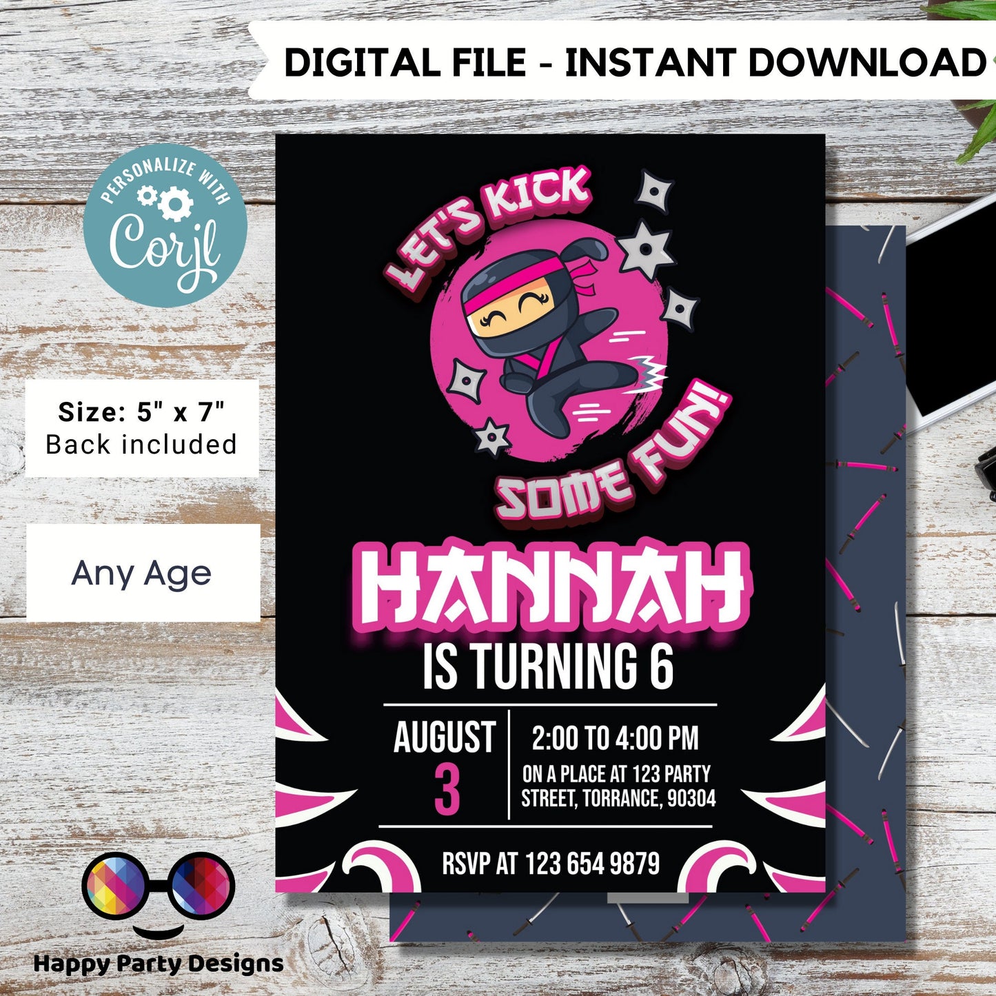 Ninja Birthday Party Invitation | EDITABLE Ninja Warrior Party Invitation Template | Karate girl Birthday Invite | Lets Kick #K122