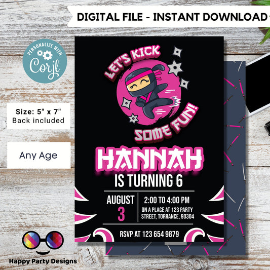 Ninja Birthday Party Invitation | EDITABLE Ninja Warrior Party Invitation Template | Karate girl Birthday Invite | Lets Kick #K122
