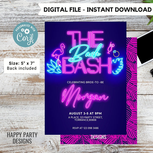 Editable Tropical Neon Bachelorette Party Invitation | Bridal Party Invitation Template| Bachelorette Invite | Tropical neon Palm leaves #W5