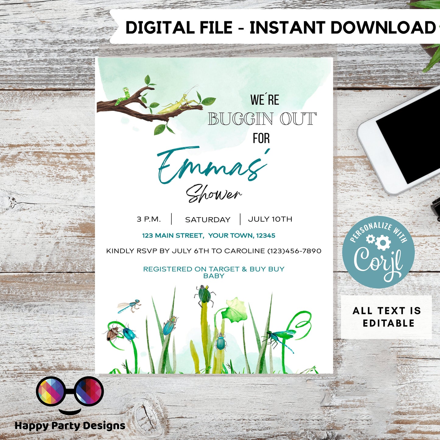 Editable Bug baby shower Invitation | Baby Boy Shower Invitation | Bug Insect Party | Bugs Boy Download | Printable Invitation Template #B27