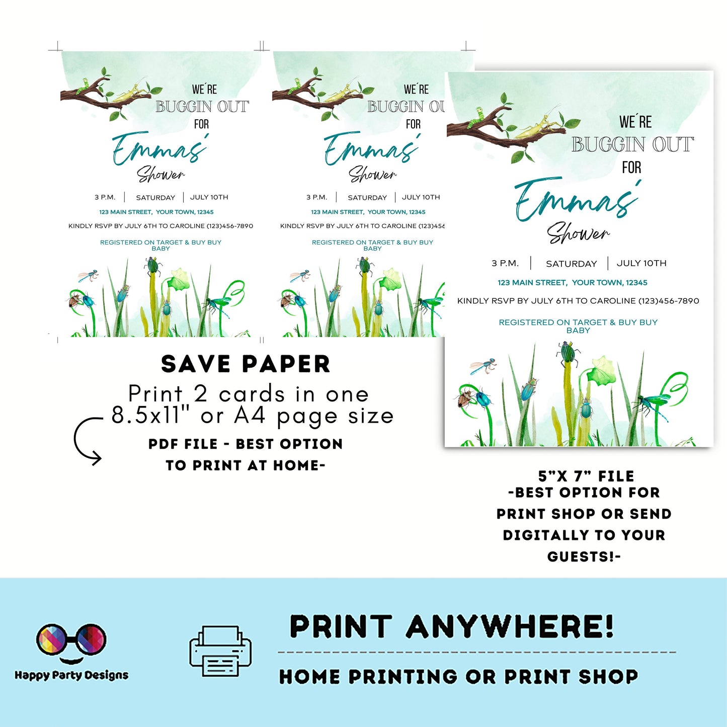 Editable Bug baby shower Invitation | Baby Boy Shower Invitation | Bug Insect Party | Bugs Boy Download | Printable Invitation Template #B27