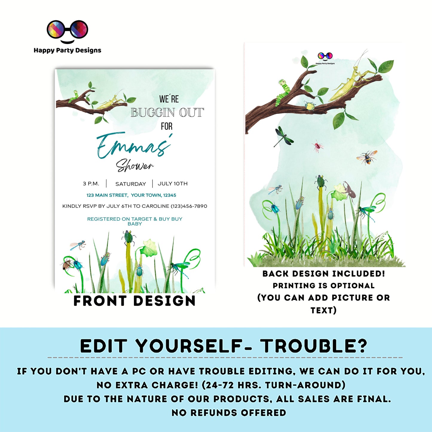 Editable Bug baby shower Invitation | Baby Boy Shower Invitation | Bug Insect Party | Bugs Boy Download | Printable Invitation Template #B27