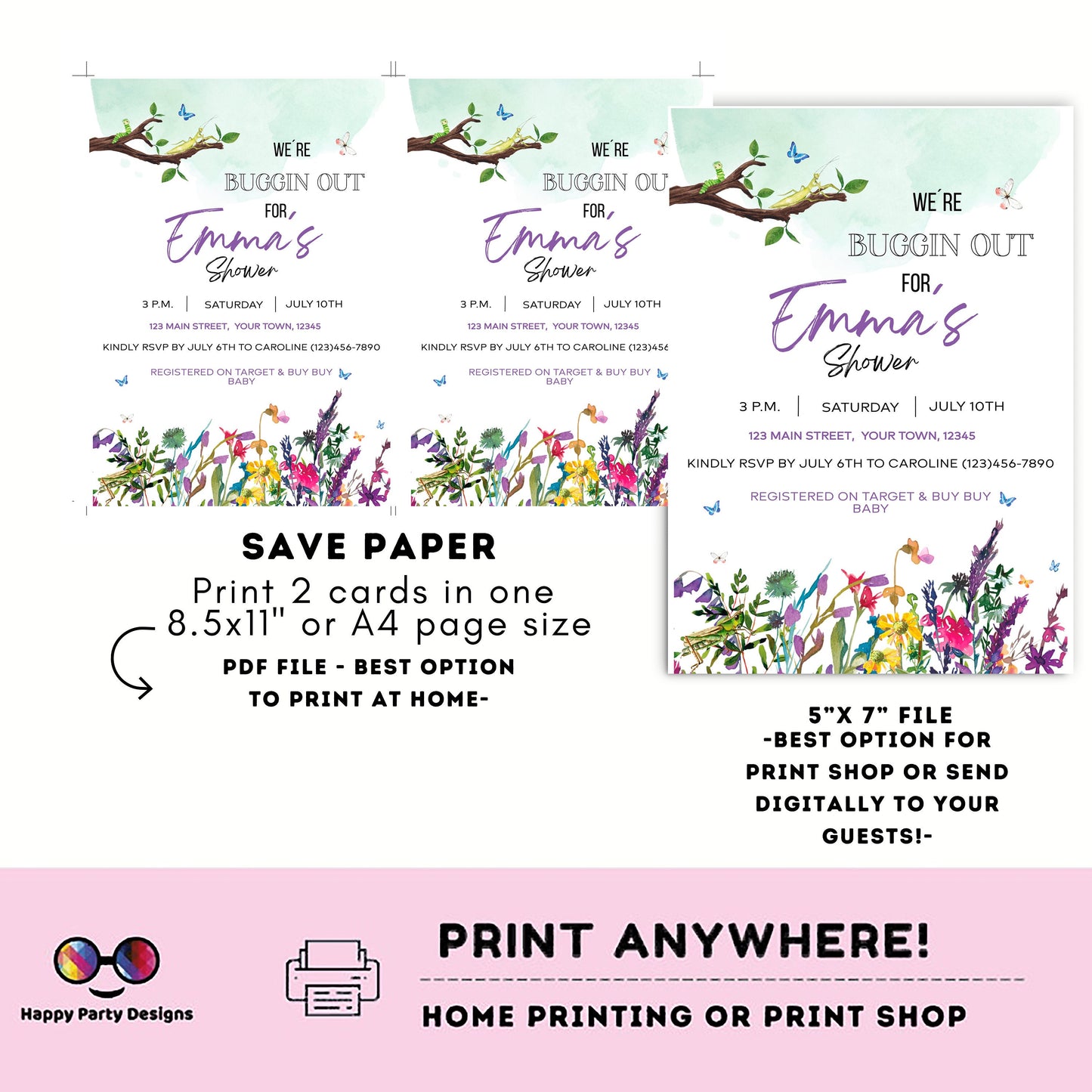 Editable Bug baby shower Invitation | Baby girl Shower Invitation | Bug Insect Party | Bugs Boy Download | Printable Invite Template #B27