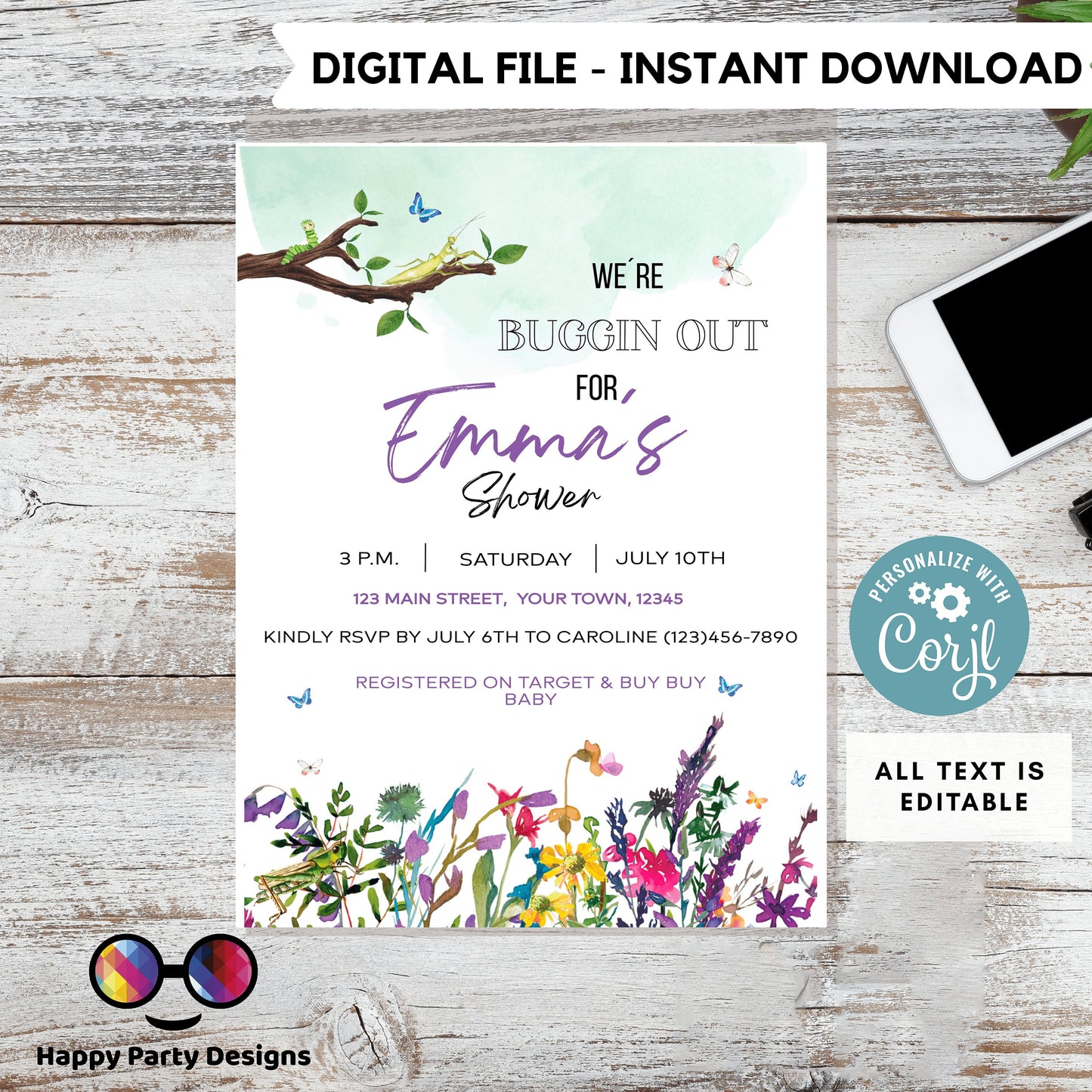 Editable Bug baby shower Invitation | Baby girl Shower Invitation | Bug Insect Party | Bugs Boy Download | Printable Invite Template #B27