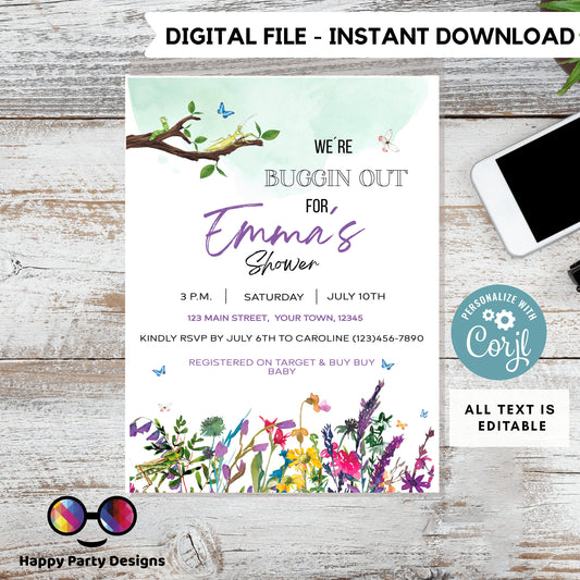 Editable Bug baby shower Invitation | Baby girl Shower Invitation | Bug Insect Party | Bugs Boy Download | Printable Invite Template #B27
