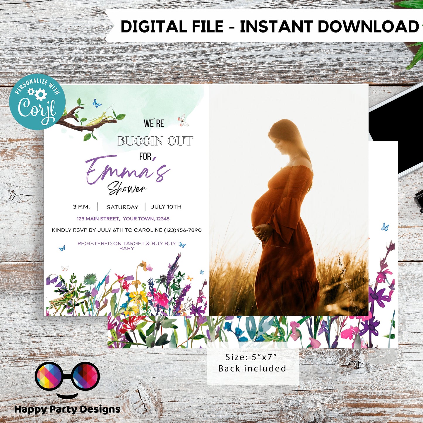 Editable Bug baby shower Invitation with picture | Baby girl Shower Invitation | Bug Insect Party | Bugs Boy | Printable Template #B27