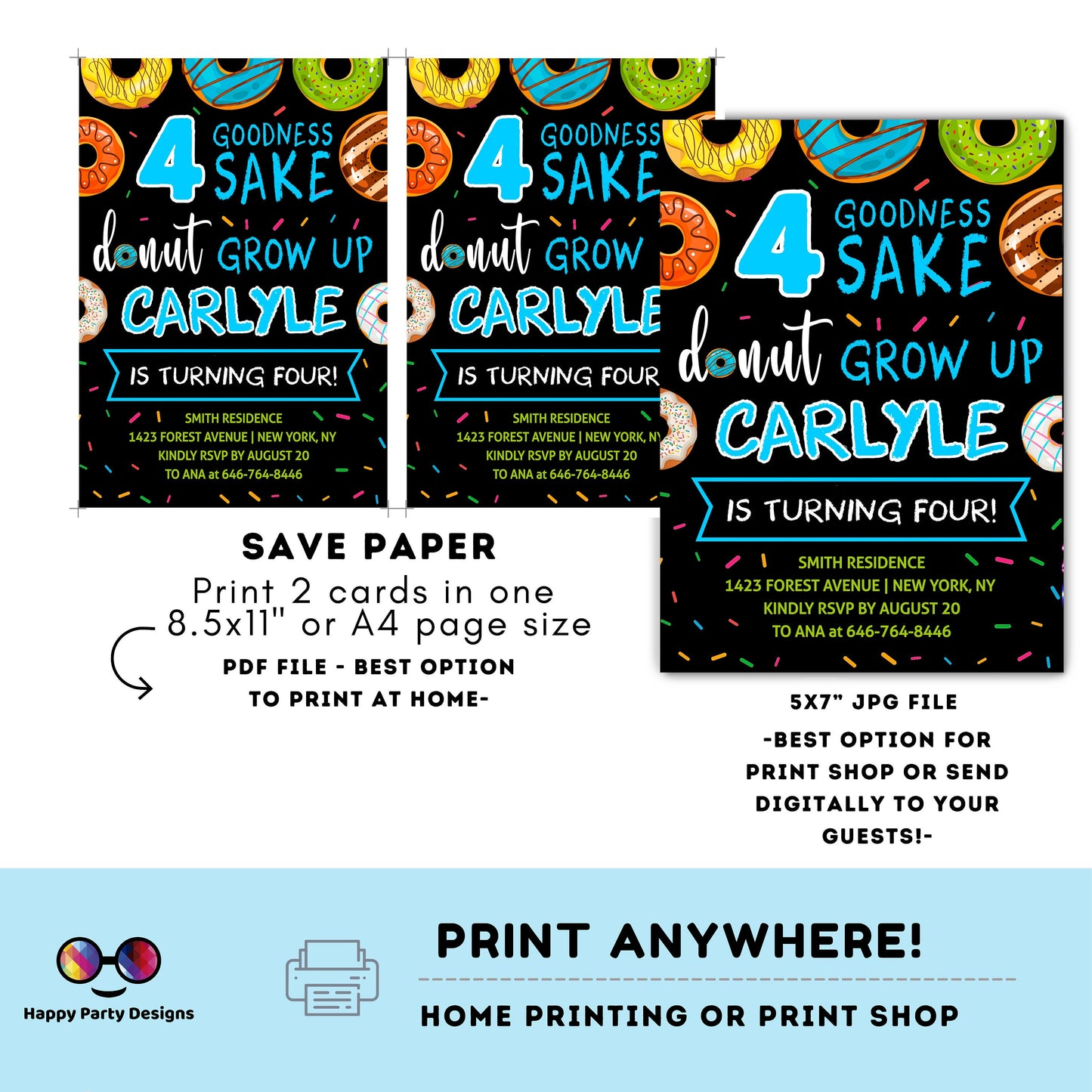 Editable 4 goodness sake donut grow up Birthday Invitation | Boy Invitation | Donut Birthday invitations | Cute Donut Birthday Invite #K123