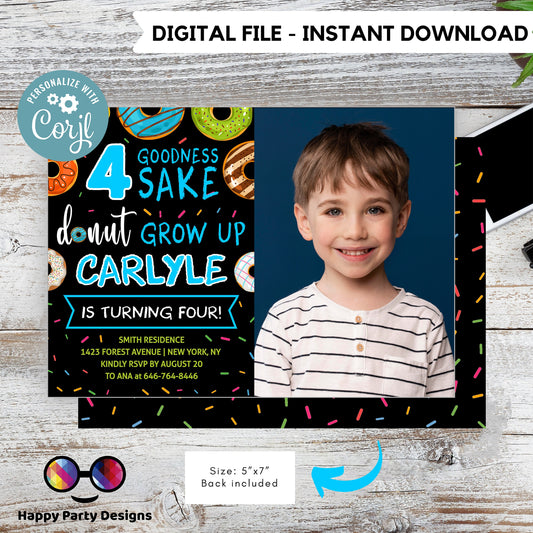 Editable 4 goodness sake donut grow up Birthday Invitation with photo | Boy Invitation | Donut Birthday invitations | Donut party #K123