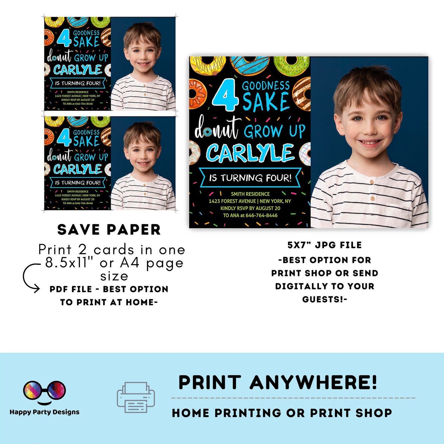 Editable 4 goodness sake donut grow up Birthday Invitation with photo | Boy Invitation | Donut Birthday invitations | Donut party #K123