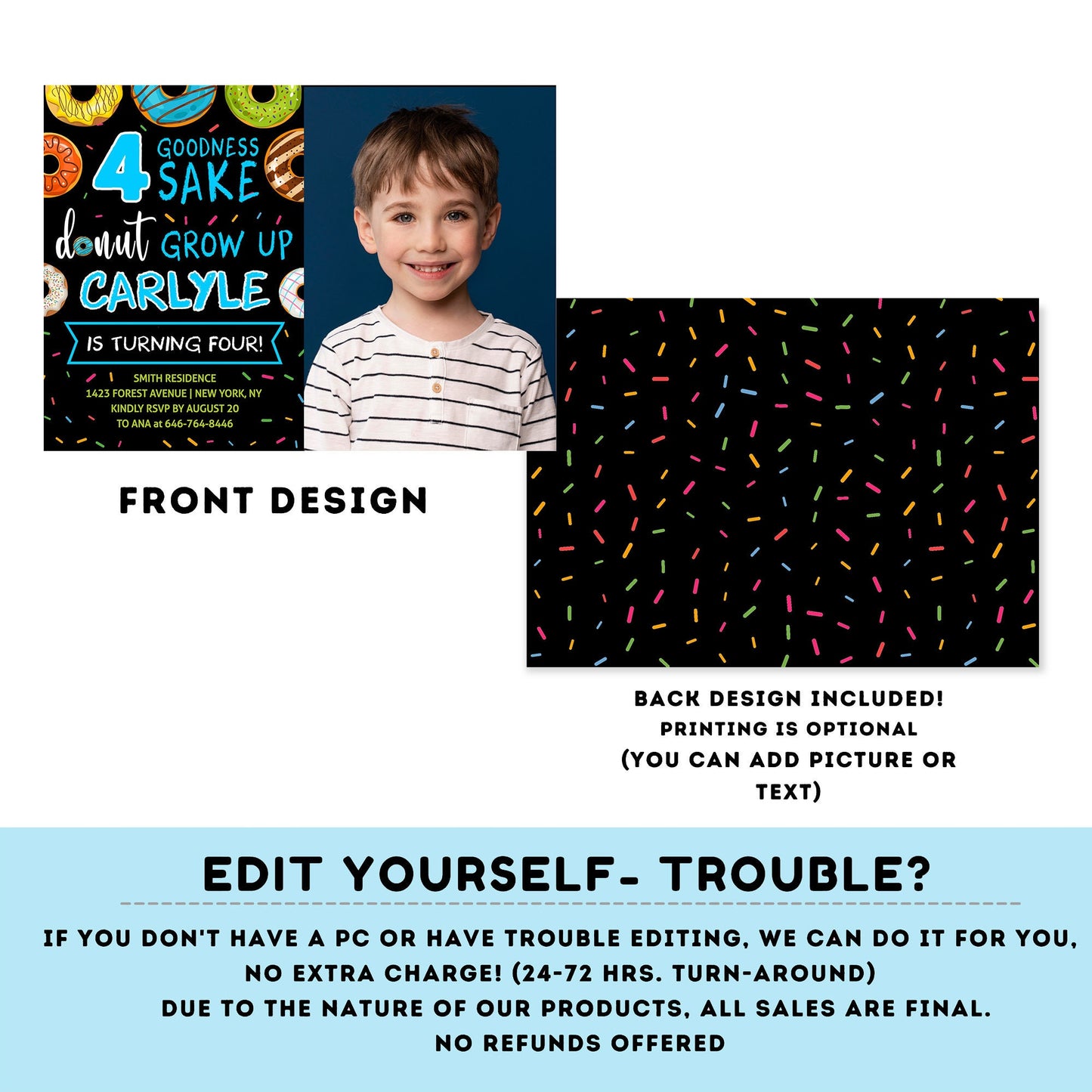 Editable 4 goodness sake donut grow up Birthday Invitation with photo | Boy Invitation | Donut Birthday invitations | Donut party #K123
