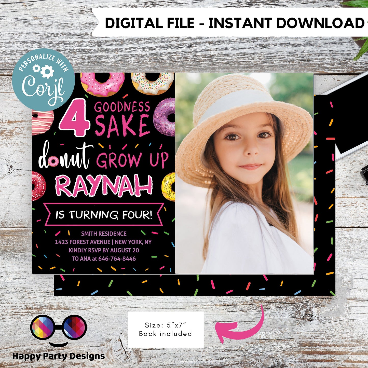 Editable 4 goodness sake donut grow up Birthday Invitation | girl Invitation | Donut Birthday invitations | Cute Donut Birthday Invite #K123