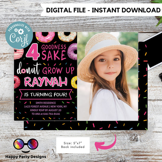 Editable 4 goodness sake donut grow up Birthday Invitation | girl Invitation | Donut Birthday invitations | Cute Donut Birthday Invite #K123