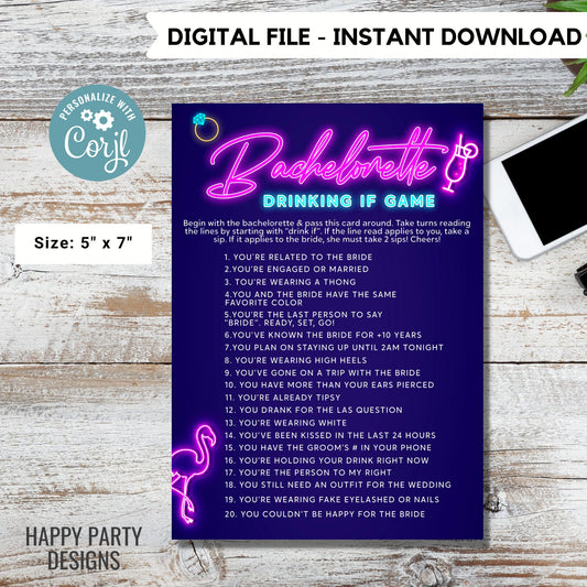 Editable Tropical Neon Bachelorette Party game | Bachelorette Drink If Game Template | Bachelorette game | Tropical neon Palm leaves #W5