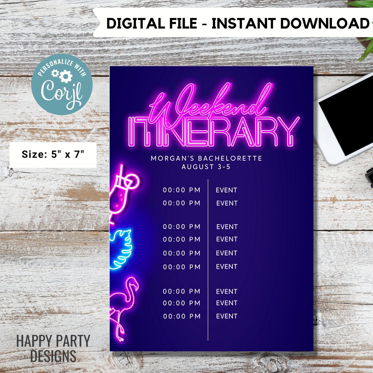 Editable Tropical Neon Bachelorette Party Itinerary | Bridal Party Template itinerary | Bachelorette  | Tropical neon Palm leaves #W5