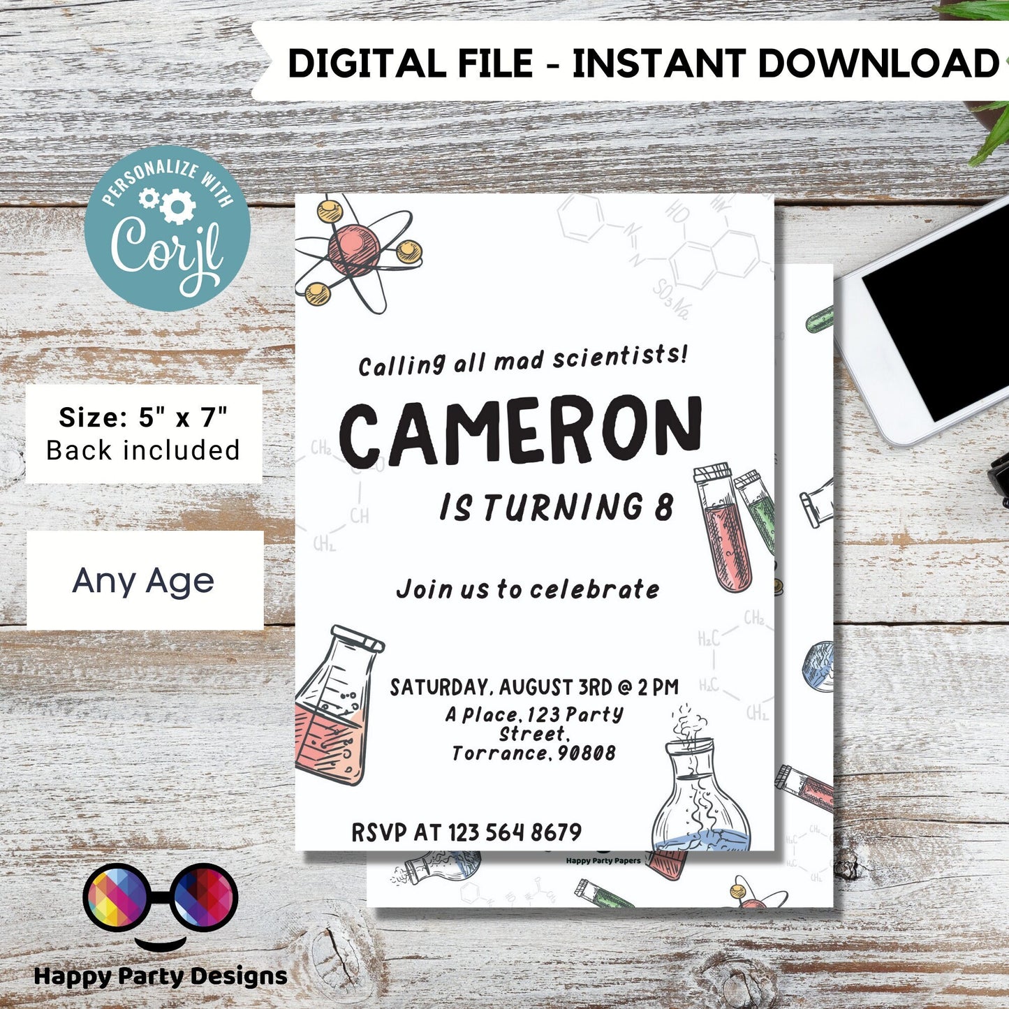 Minimalist Science Party Invitation | Mad Scientist Invitations | Birthday boy | Editable Science Birthday | boy's Science Birthday #K124