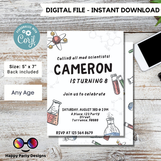 Minimalist Science Party Invitation | Mad Scientist Invitations | Birthday boy | Editable Science Birthday | boy's Science Birthday #K124