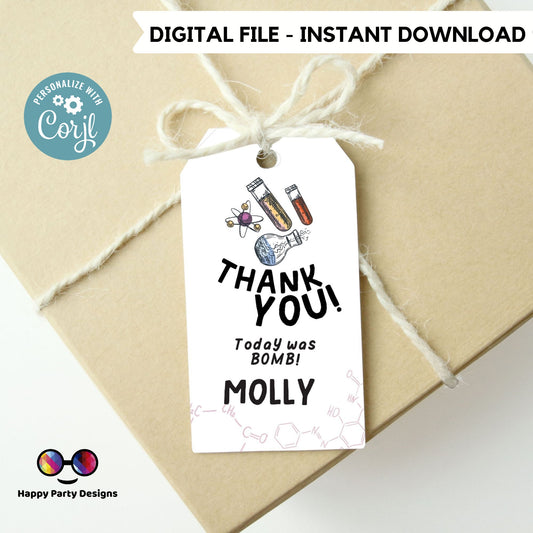 Editable science Birthday Thank You Gift Tags | Mad scientist Favor Tags | Birthday girl | Science party Tags | Birthday Favor Tags #K124