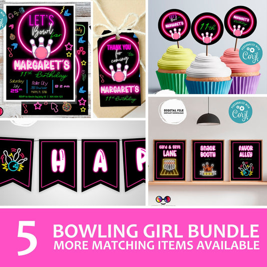 EDITABLE bowling invitation bundle | birthday banner, cupcake toppers, thank you tag, sign | girl birthday | Bowling party | teens party #K3