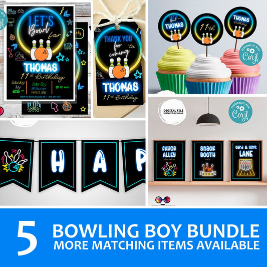 EDITABLE bowling invitation bundle | birthday banner, cupcake toppers, thank you tag, sign | Boy birthday | Bowling party | teens party #K4