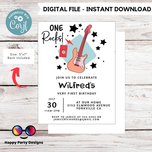 One Rocks Baby 1st Birthday Invitation | First Birthday Invitation| Rocked One Year Birthday Invitation | First Bday Invite | One year #K155