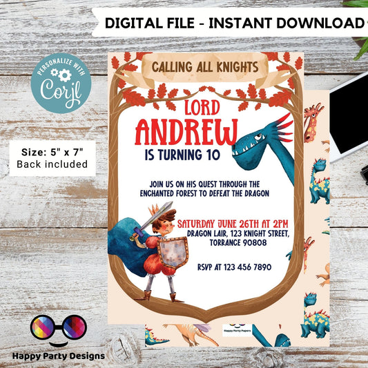Enchanted Party Invitations | Editable Dragon Birthday Party | Magical Birthday | Invitation Dragons And Knights Birthday | any age #K145
