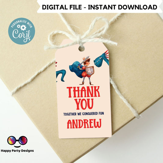 Dragons & Knights Birthday Party Favor Tag | Thank You Tag | Thank you tags | Medieval Theme Birthday | Editable Gift Labels  #K145