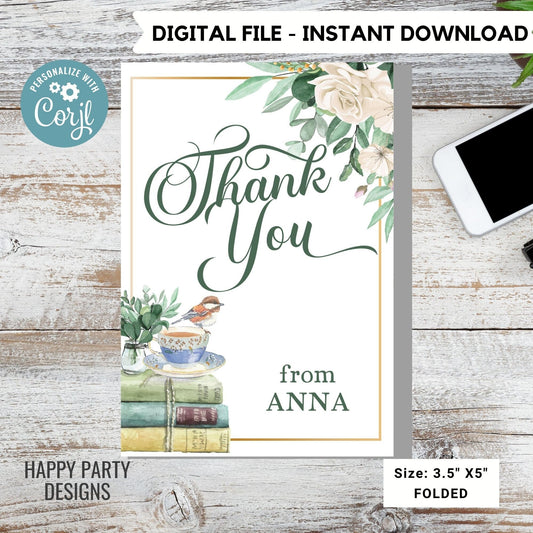 Book Themed Thank You Card Download | Bridal Shower | Baby Shower | Folded Notes Blank Inside | Printable Coffee Thank You Note  #W6