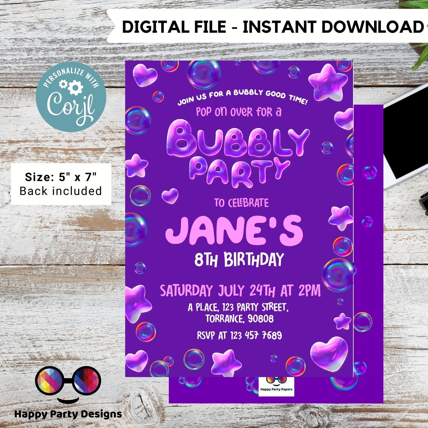 Bubbles birthday invitation | Bubble invitation | Birthday girl | bubbles party | blowing bubbles invitation | bubble birthday  #K126