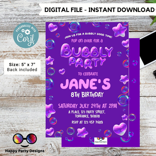 Bubbles birthday invitation | Bubble invitation | Birthday girl | bubbles party | blowing bubbles invitation | bubble birthday  #K126