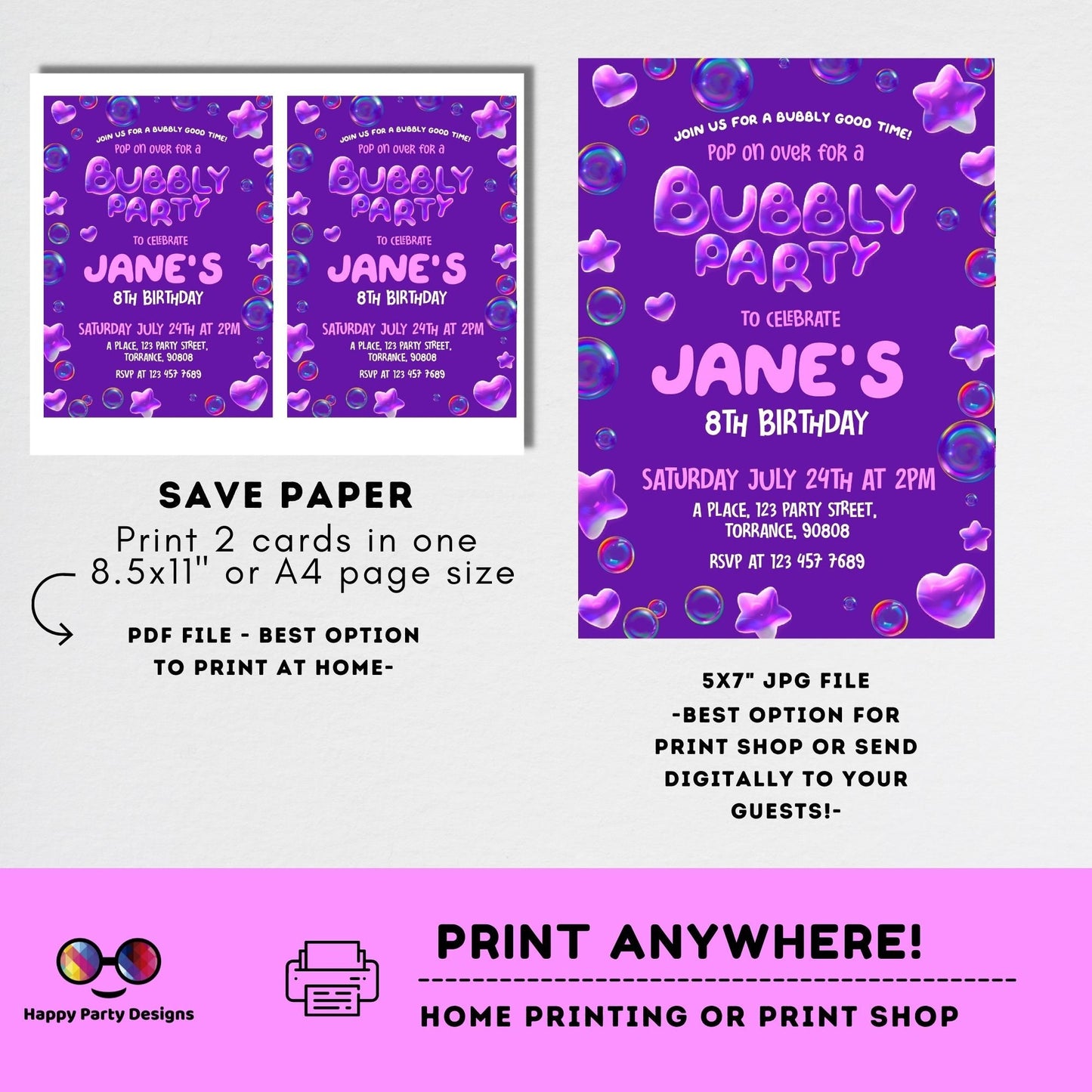 Bubbles birthday invitation | Bubble invitation | Birthday girl | bubbles party | blowing bubbles invitation | bubble birthday  #K126