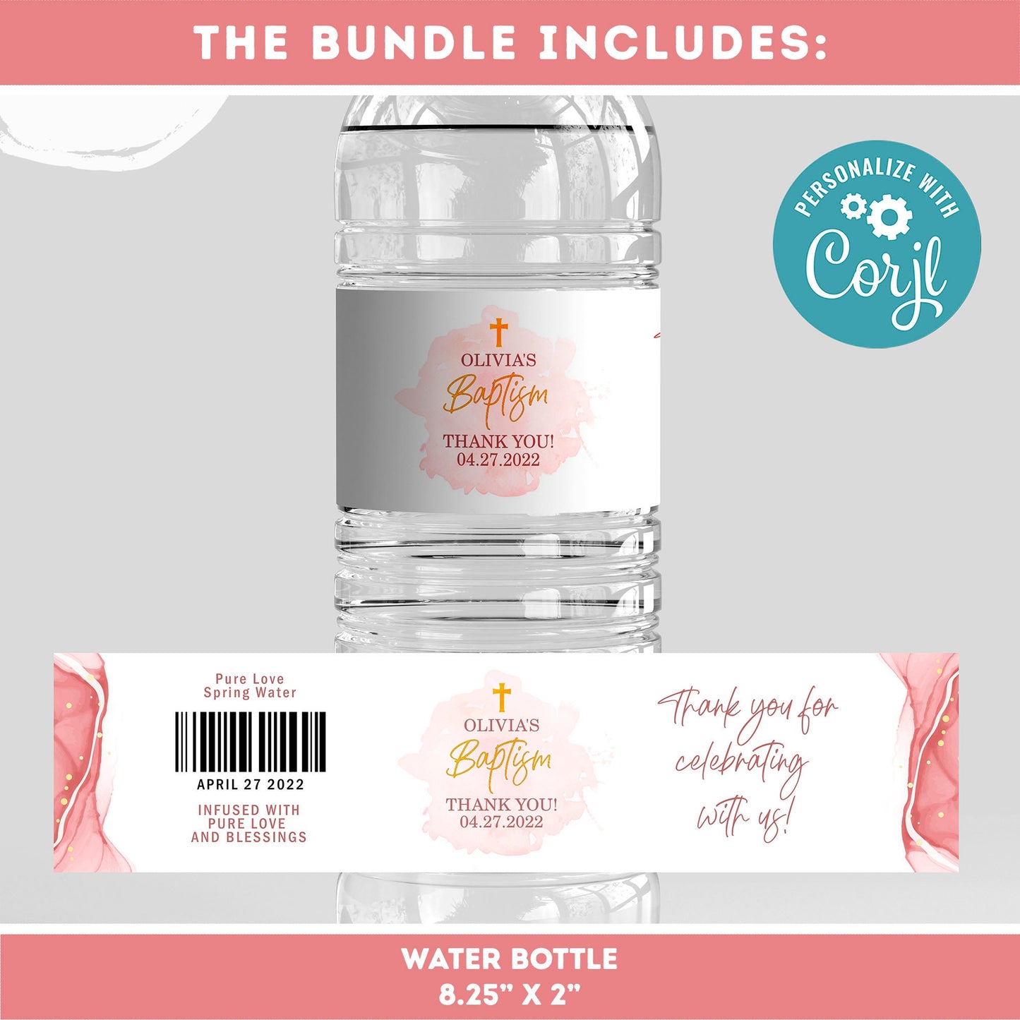 Pink Watercolor Baptism Invitation Bundle  Template | Gold Christening Baptism | Invitation Girl | Christening | Instant Download #R1