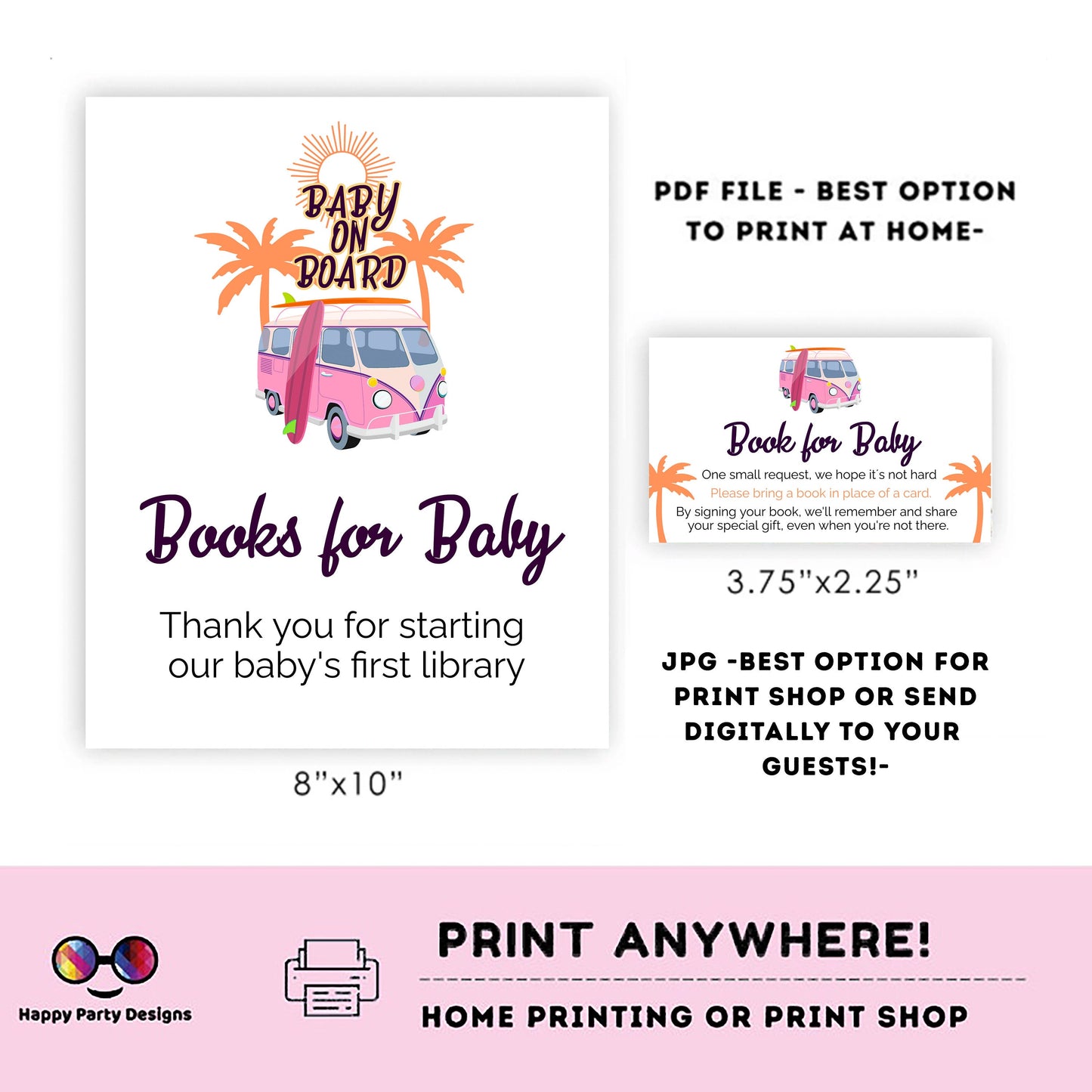 Books for baby shower Sign | baby on board sign | diaper raffle card | book request | baby girl | baby shower Sign | summer shower #B33