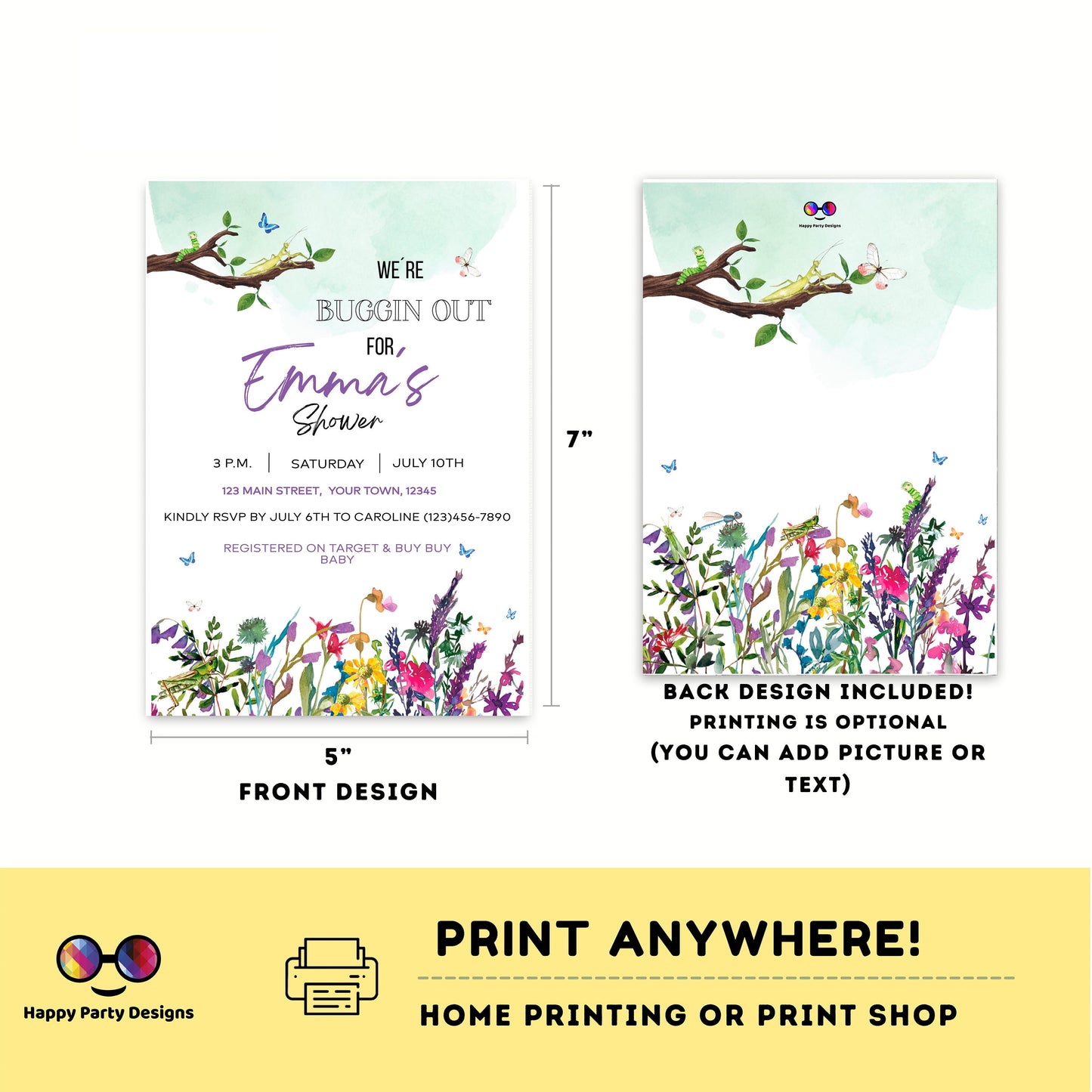 EDITABLE bugs Baby shower invitation bundle | diaper raffle, books for baby, thank you tag, thank you card | insects baby shower | #B27